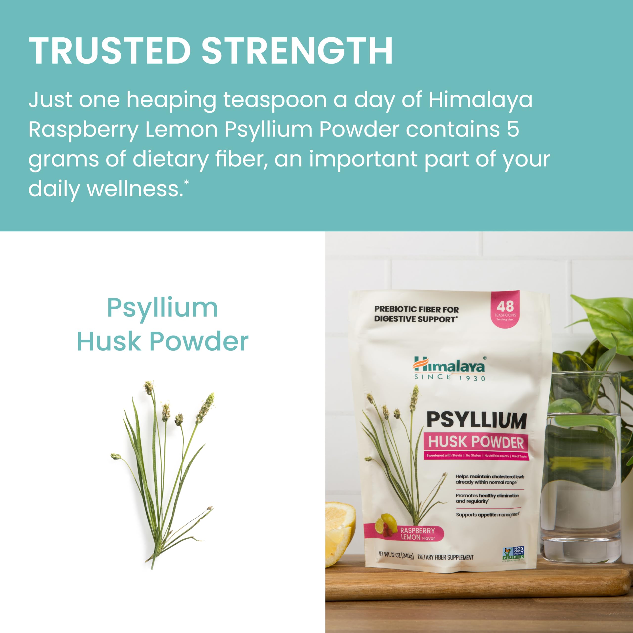 Front of Himalaya Raspberry Lemon Psyllium Husk Powder packaging with size and colors