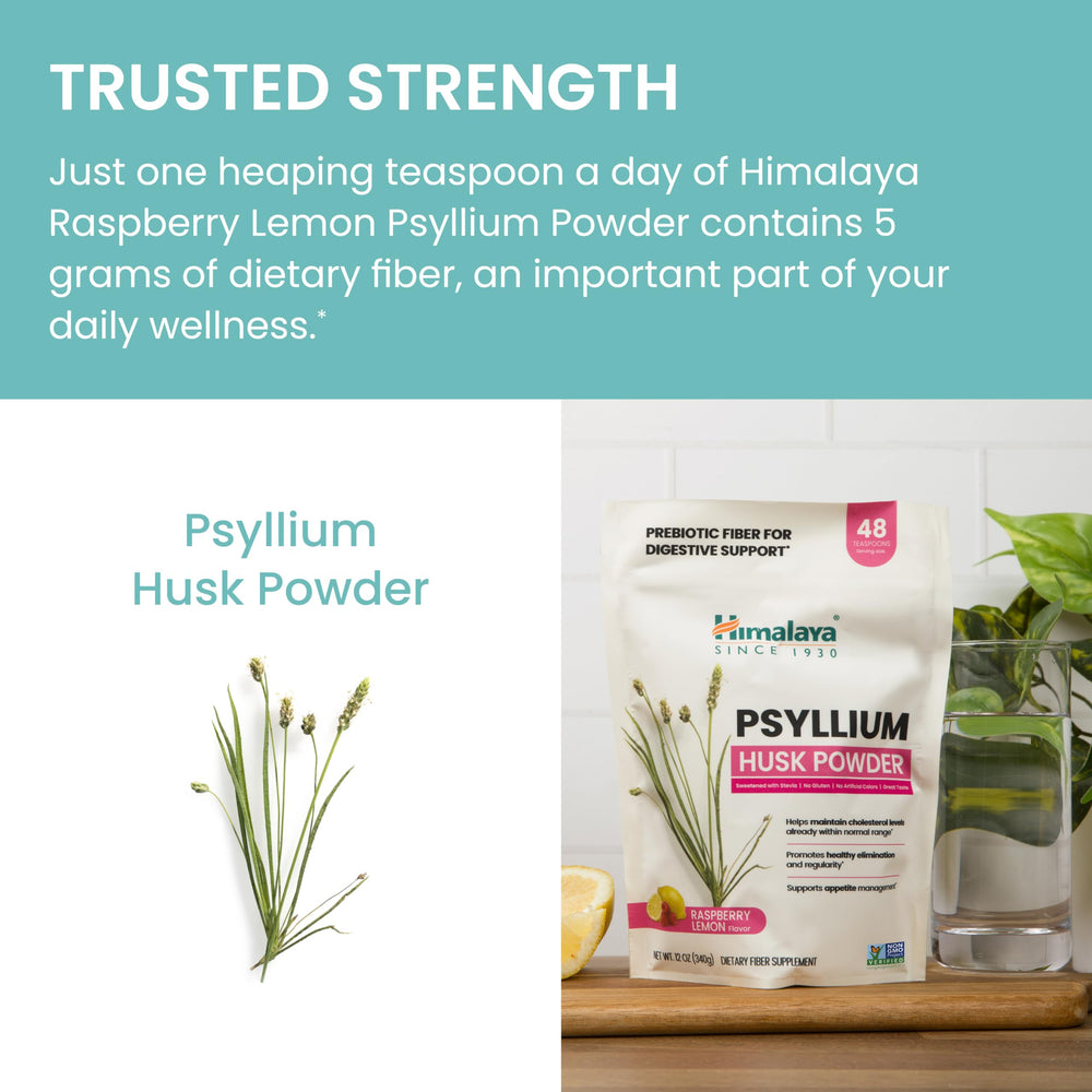 Front of Himalaya Raspberry Lemon Psyllium Husk Powder packaging with size and colors