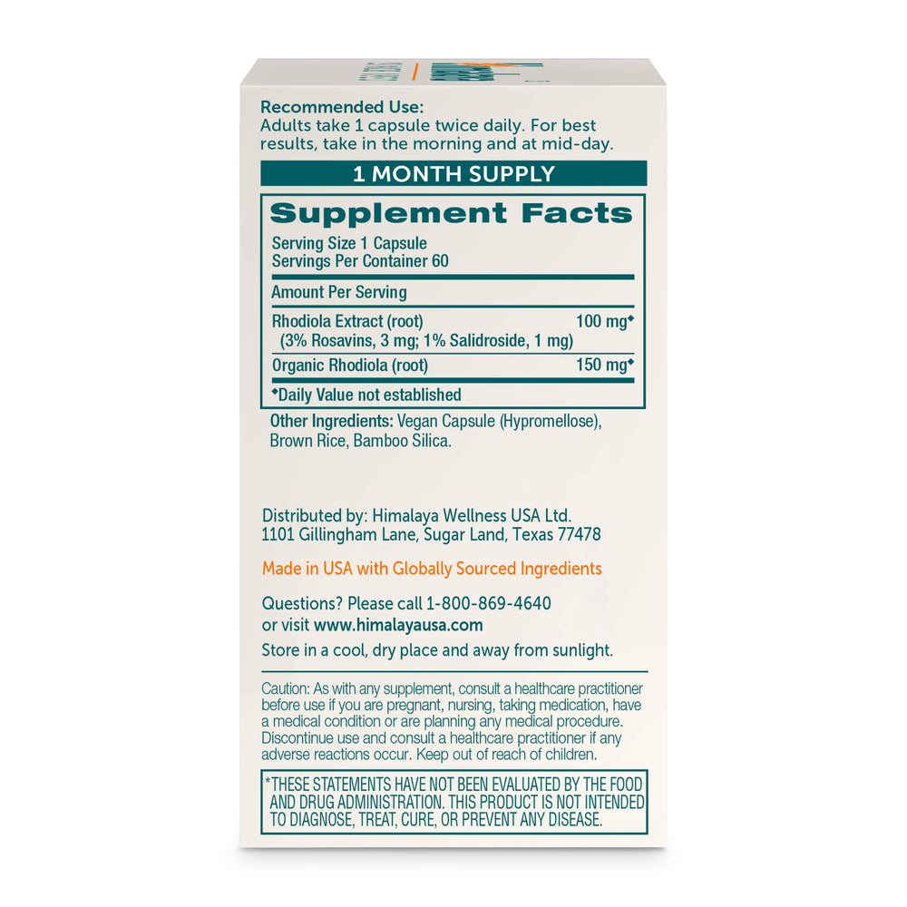 Himalaya Rhodiola Rosea bottle front highlighting energy and endurance benefits.