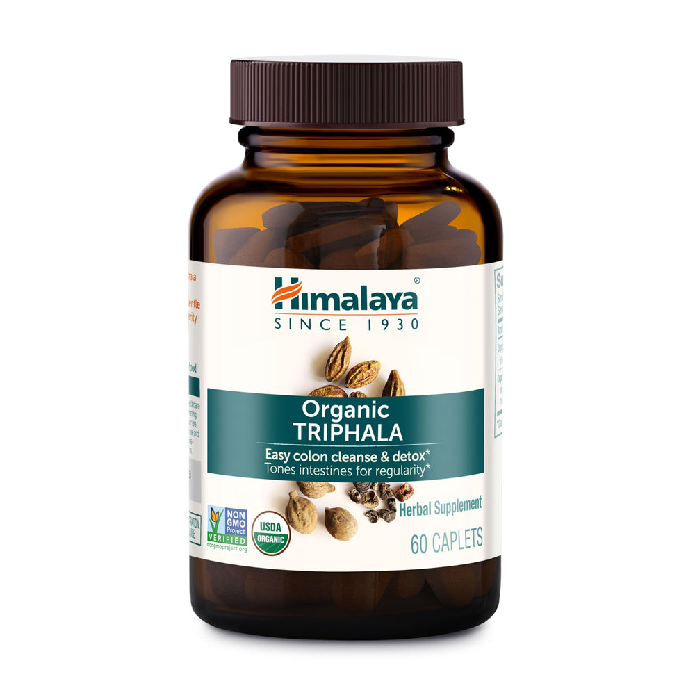 Himalaya Triphala bottle with label on shelf for organic digestion support