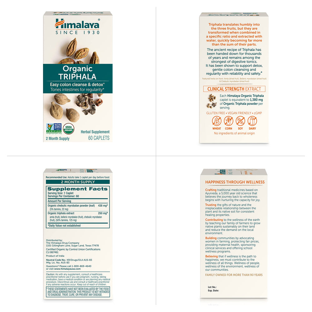 Himalaya Triphala packaging highlights organic, non-GMO, gluten-free features