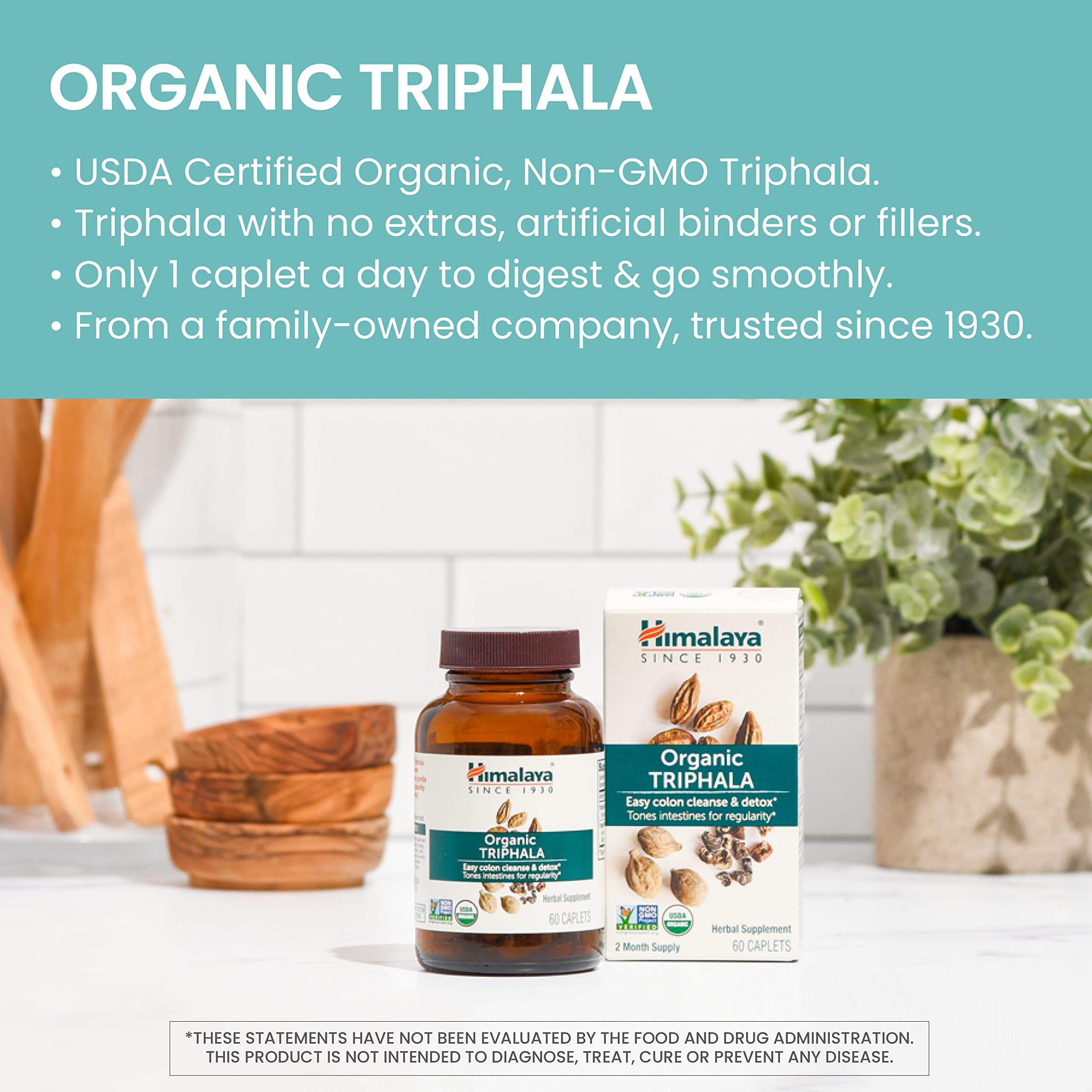 Close-up of Himalaya Triphala powder and capsules for gentle digestive health