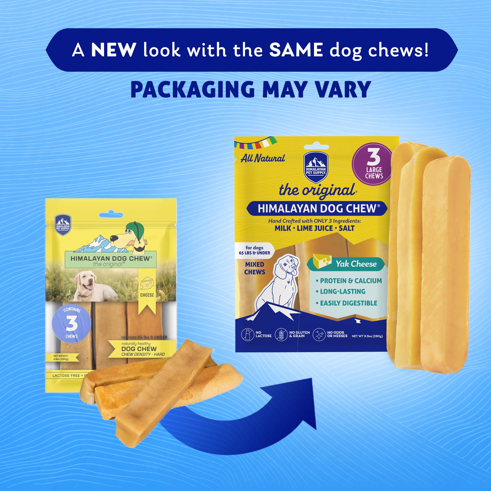 Himalayan Dog Chew grain-free formula badge on packaging.