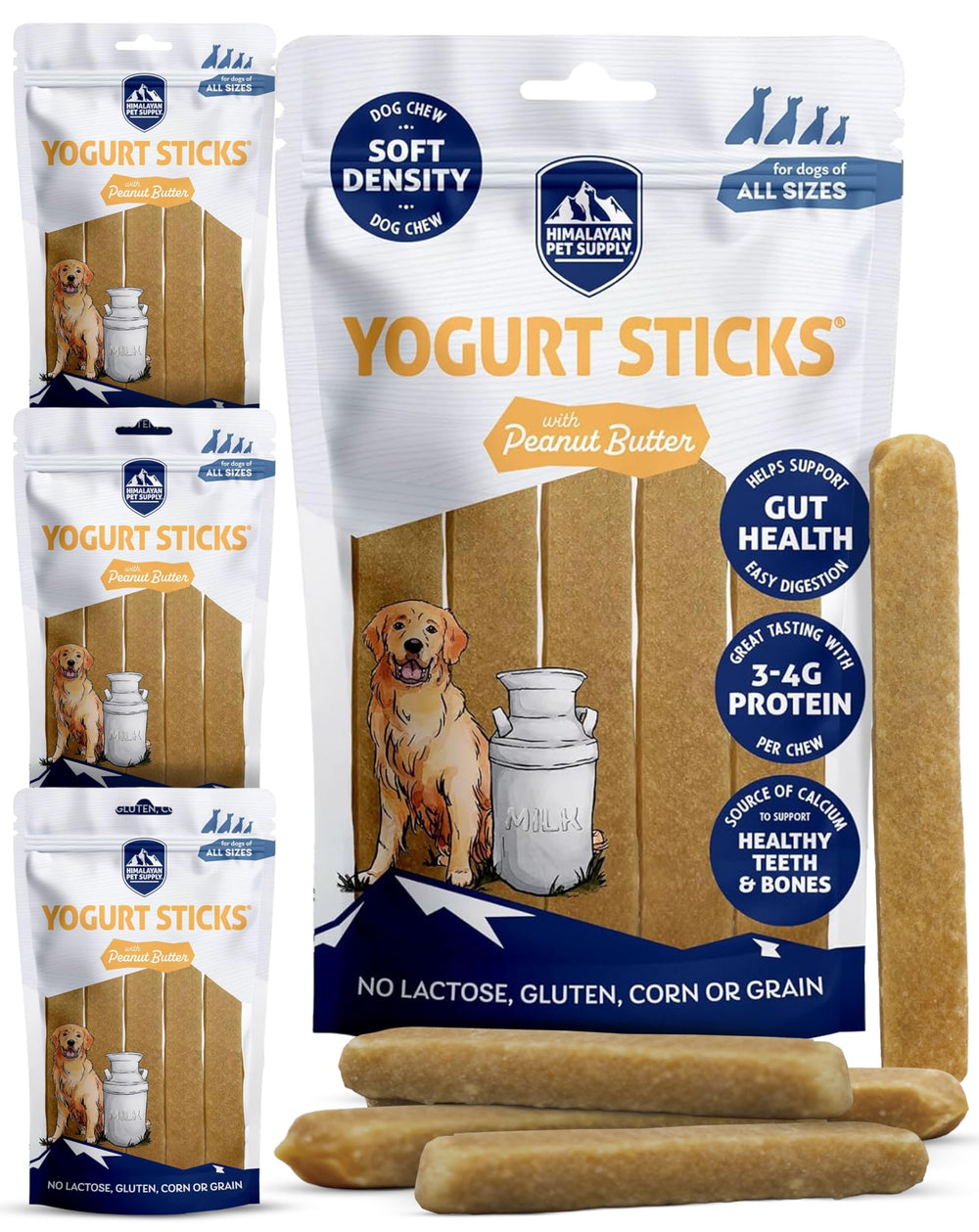 Himalayan Dog Chew Yogurt Sticks packaging highlights peanut butter flavor for dogs