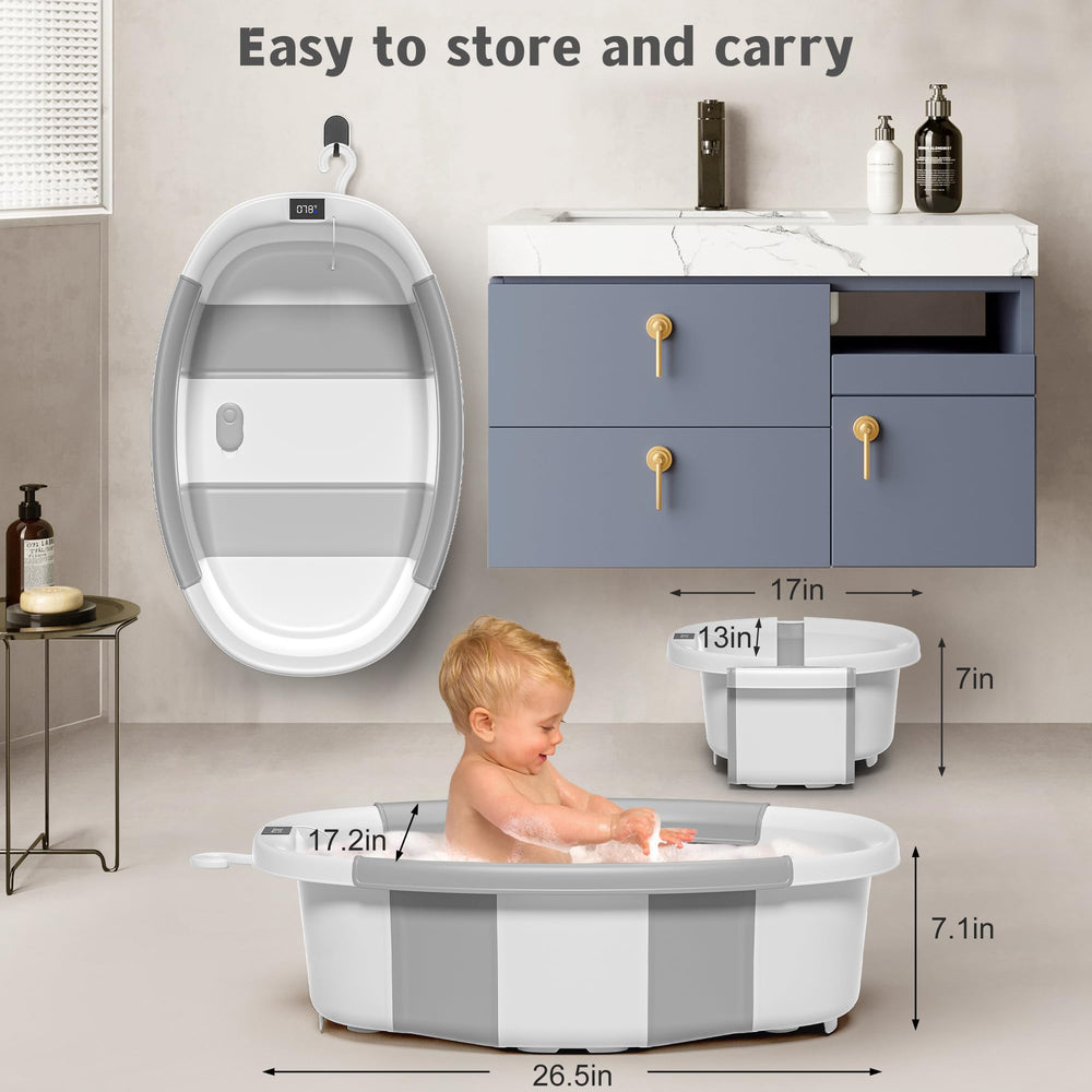 Himold collapsible baby bathtub shows digital thermometer display for precise water temp.