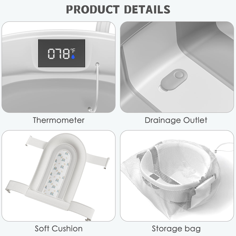 Himold collapsible baby bathtub includes a soft cushioned insert for head and neck comfort.