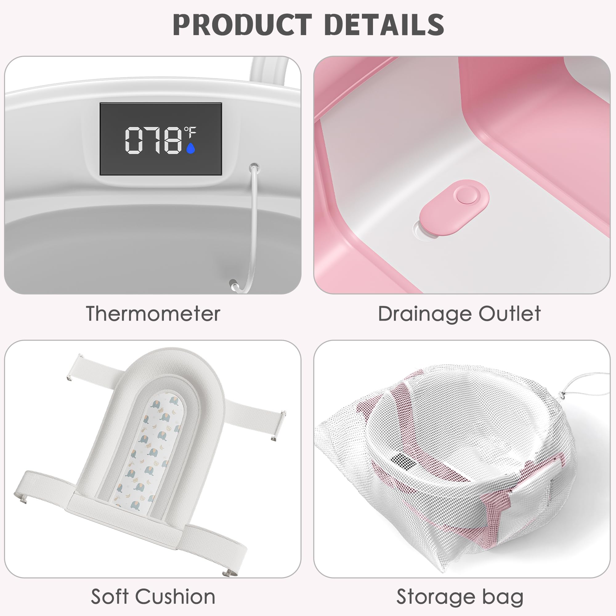Himold tub cushion provides gentle neck support during bathtime.