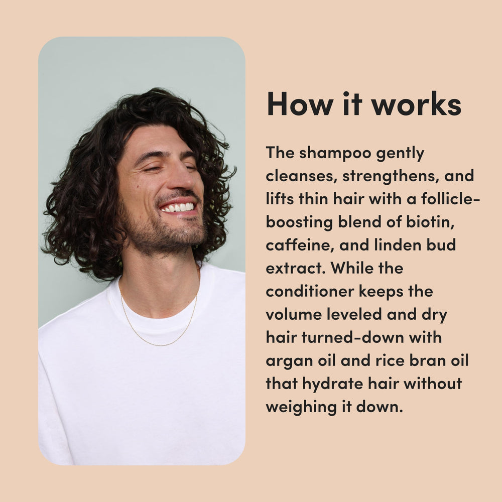 Hims Biovolume 128 label closeup highlights a nutrient blend for fullness