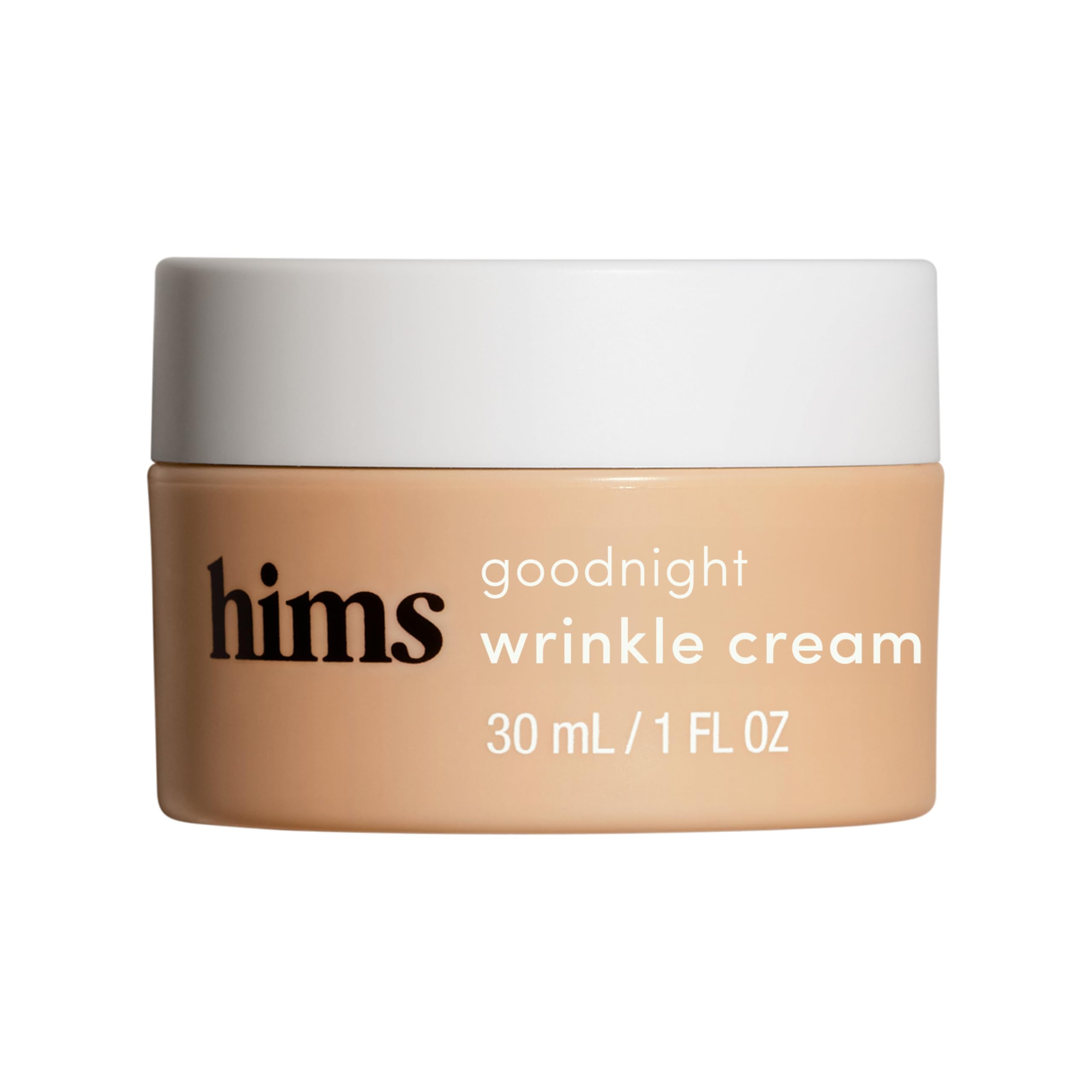 Hims Goodnight Wrinkle Cream bottle close-up showing deep night hydration