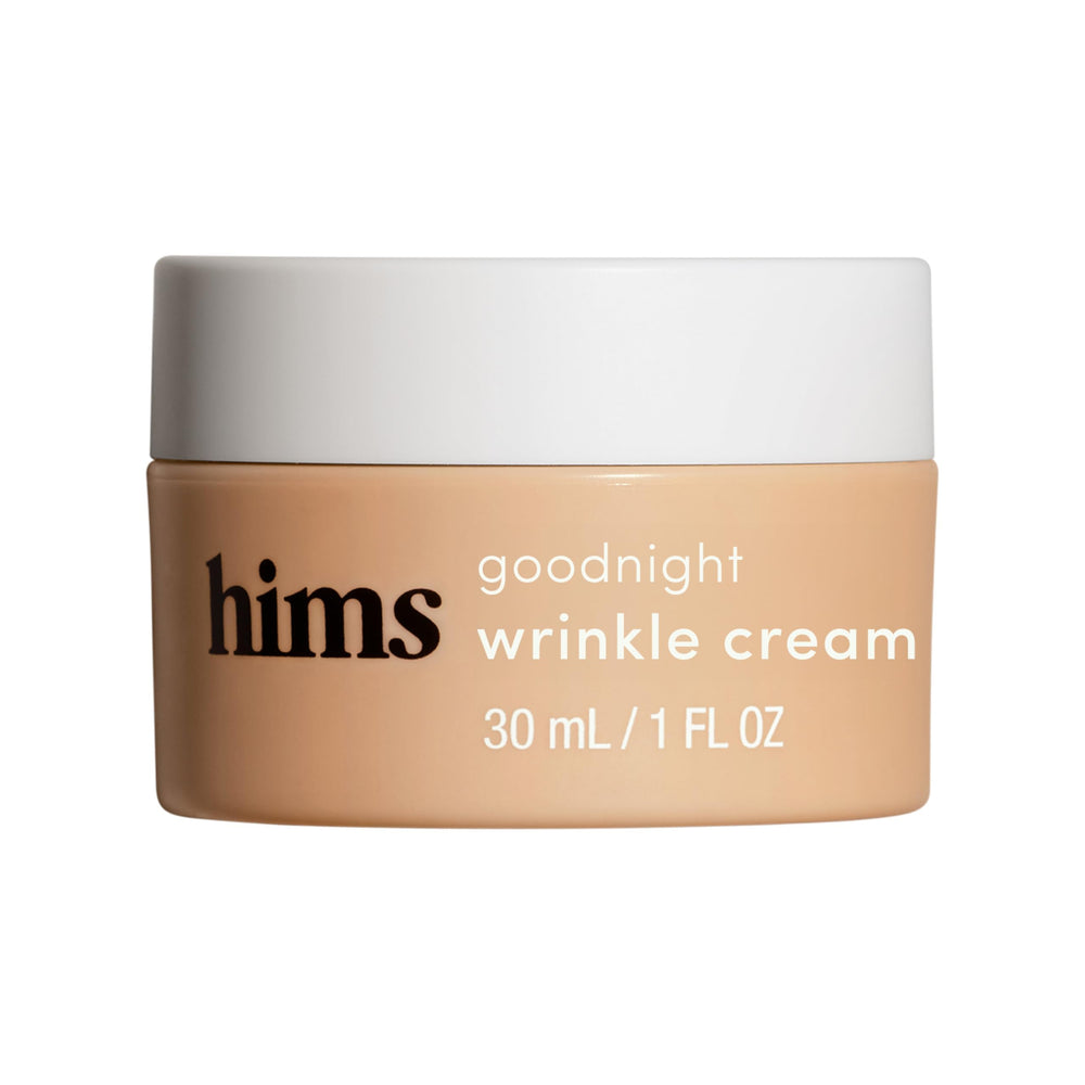 Hims Goodnight Wrinkle Cream bottle close-up showing deep night hydration