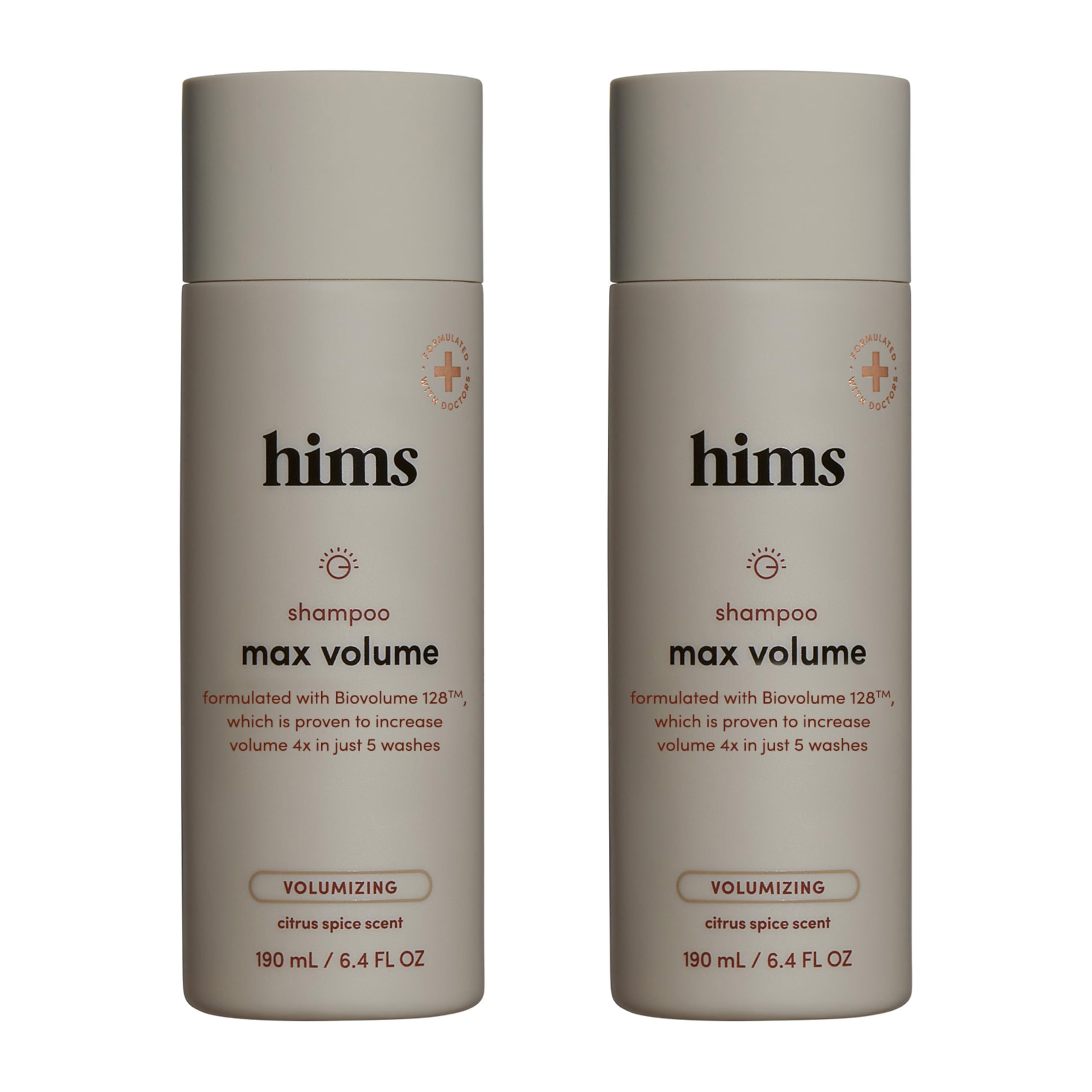 Hims & Hers Max Volume Shampoo bottle highlights root lift for fuller hair.