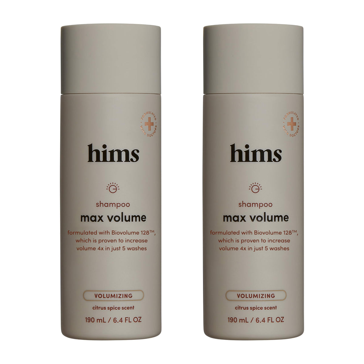 Hims & Hers Max Volume Shampoo bottle highlights root lift for fuller hair.