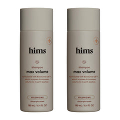 Hims & Hers Max Volume Shampoo bottle highlights root lift for fuller hair.
