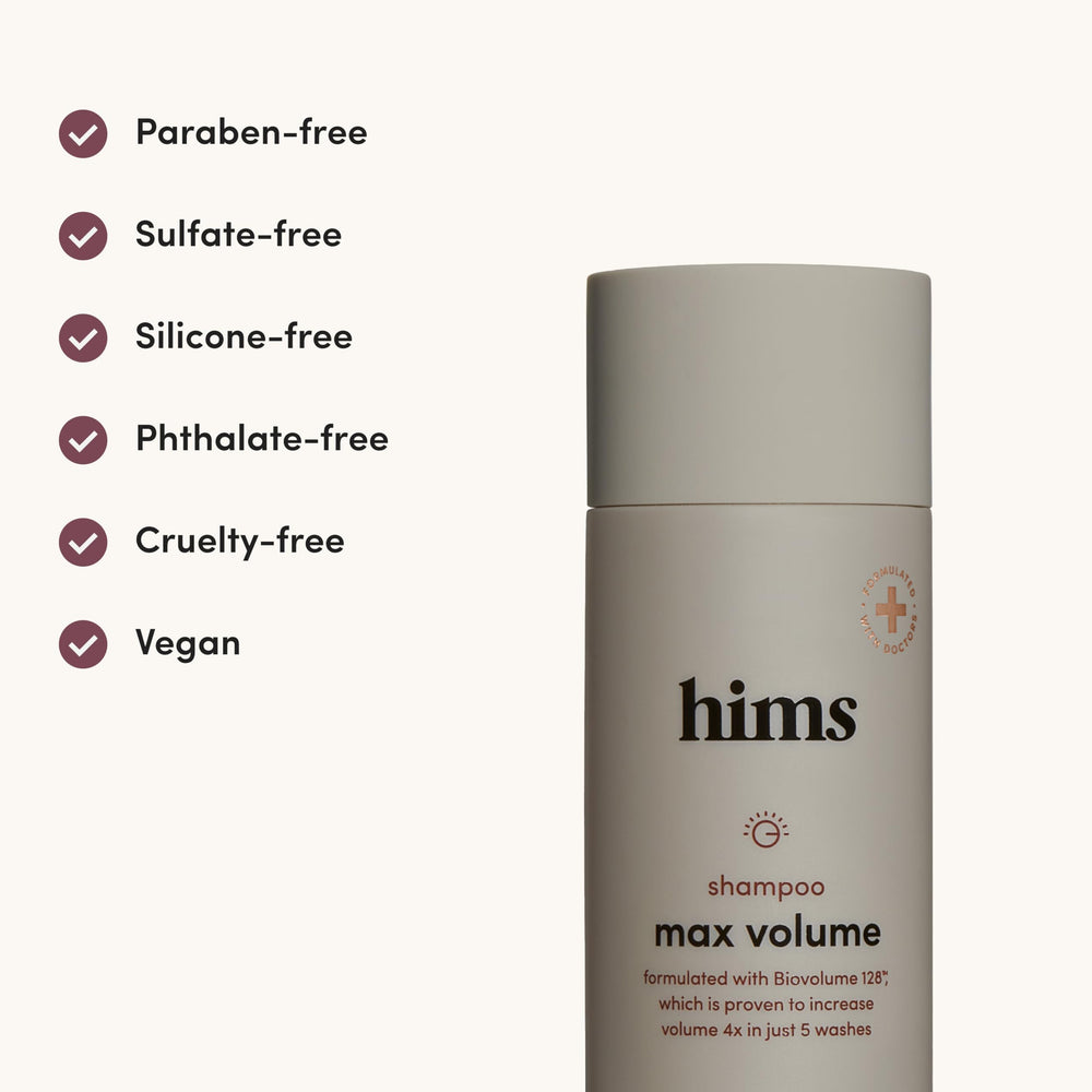 Hims & Hers Max Volume Shampoo in the shower with glossy lather.