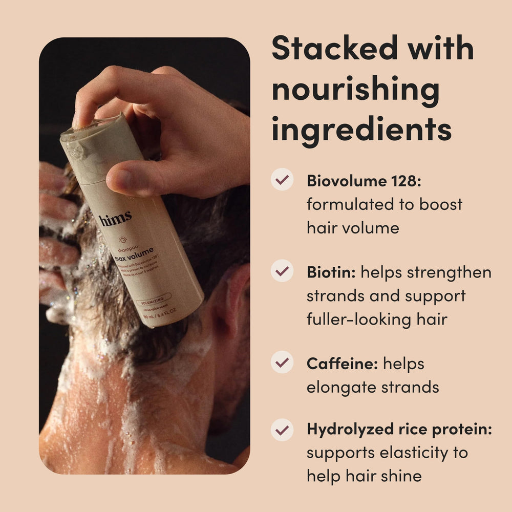Hims & Hers Max Volume Shampoo bottle notes biotin and rice protein for thicker strands.