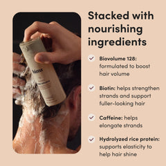 Hims & Hers Max Volume Shampoo bottle notes biotin and rice protein for thicker strands.