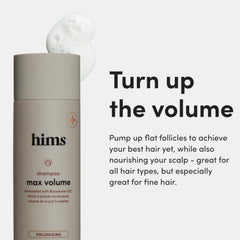 Hims & Hers Max Volume Shampoo label features Biovolume 128 and caffeine.
