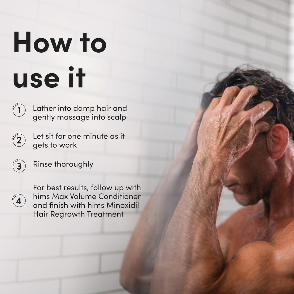 Hims & Hers Max Volume Shampoo packaging shows vegan and cruelty-free credentials.