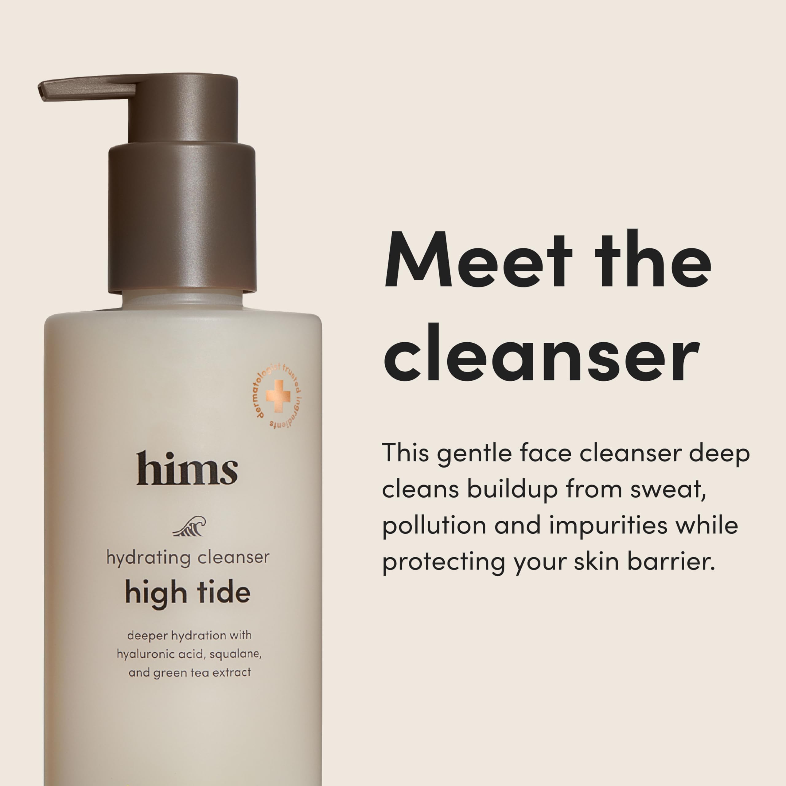 Hims High Tide Hydrating Daily Cleanser bottle back shows vegan and pH-balanced details