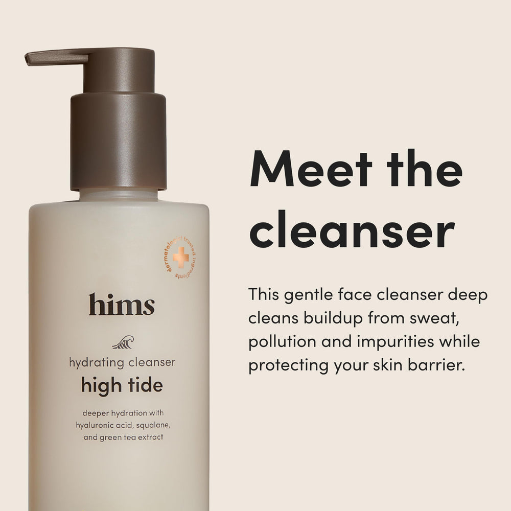 Hims High Tide Hydrating Daily Cleanser bottle back shows vegan and pH-balanced details
