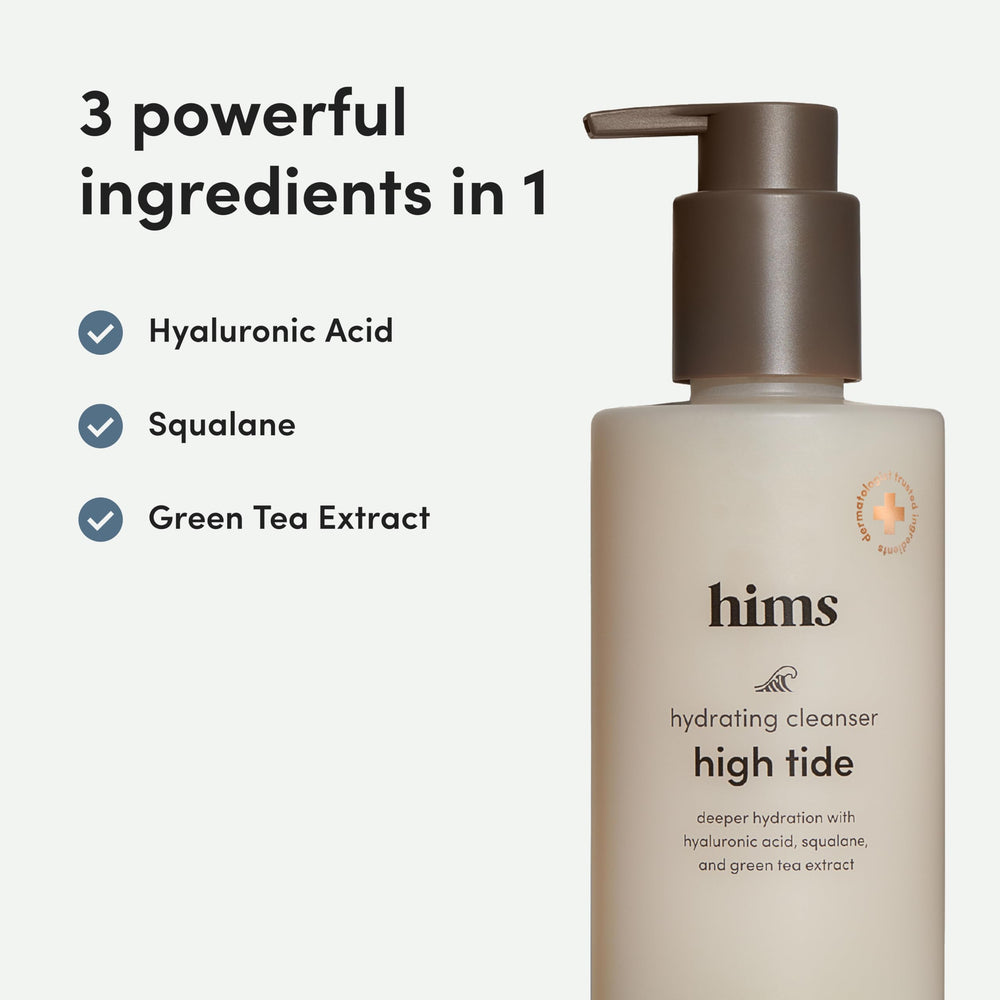 Hims High Tide Hydrating Daily Cleanser supported by hyaluronic acid and squalane for hydration