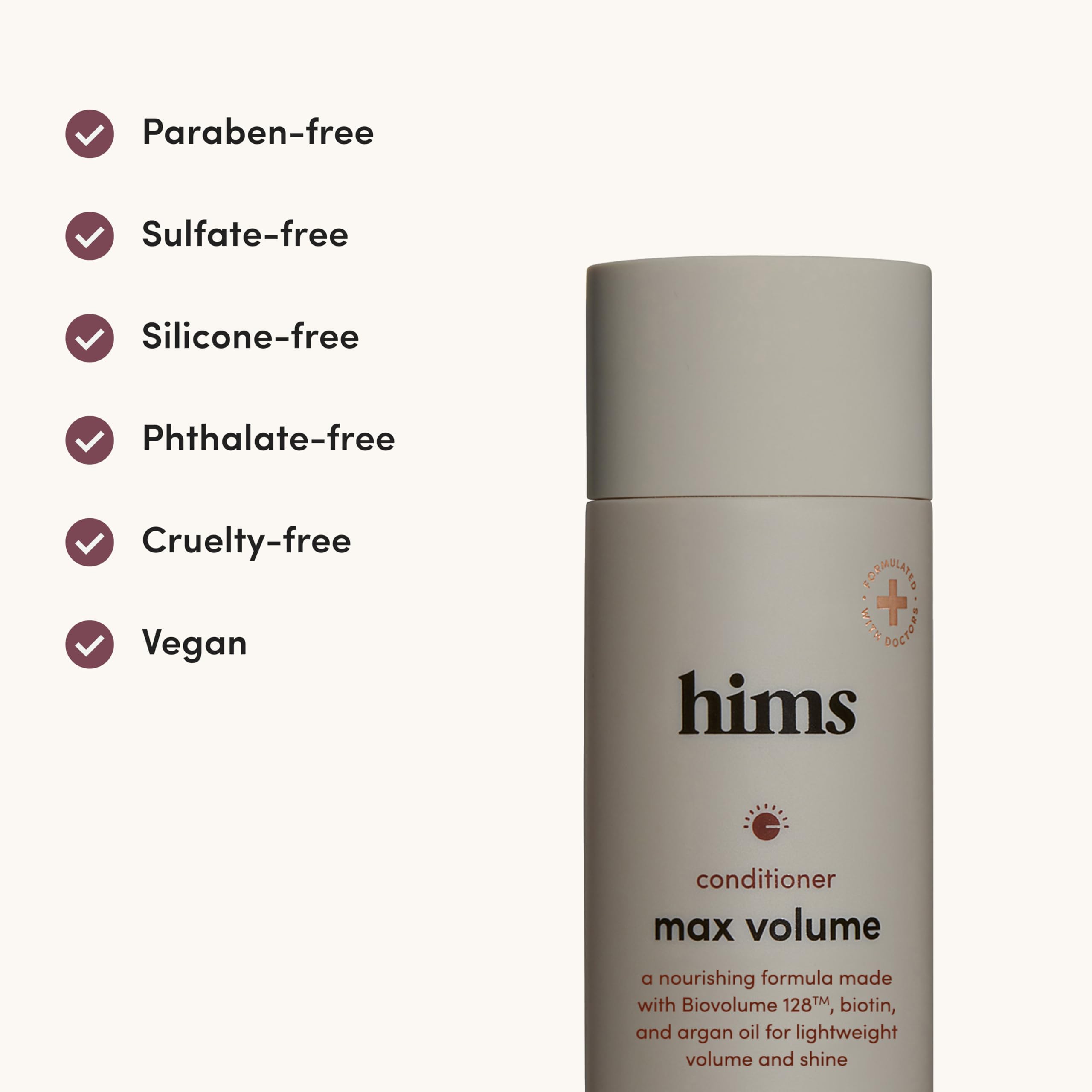 Biotin and argan oil ingredients in Hims Max Volume Conditioner packaging