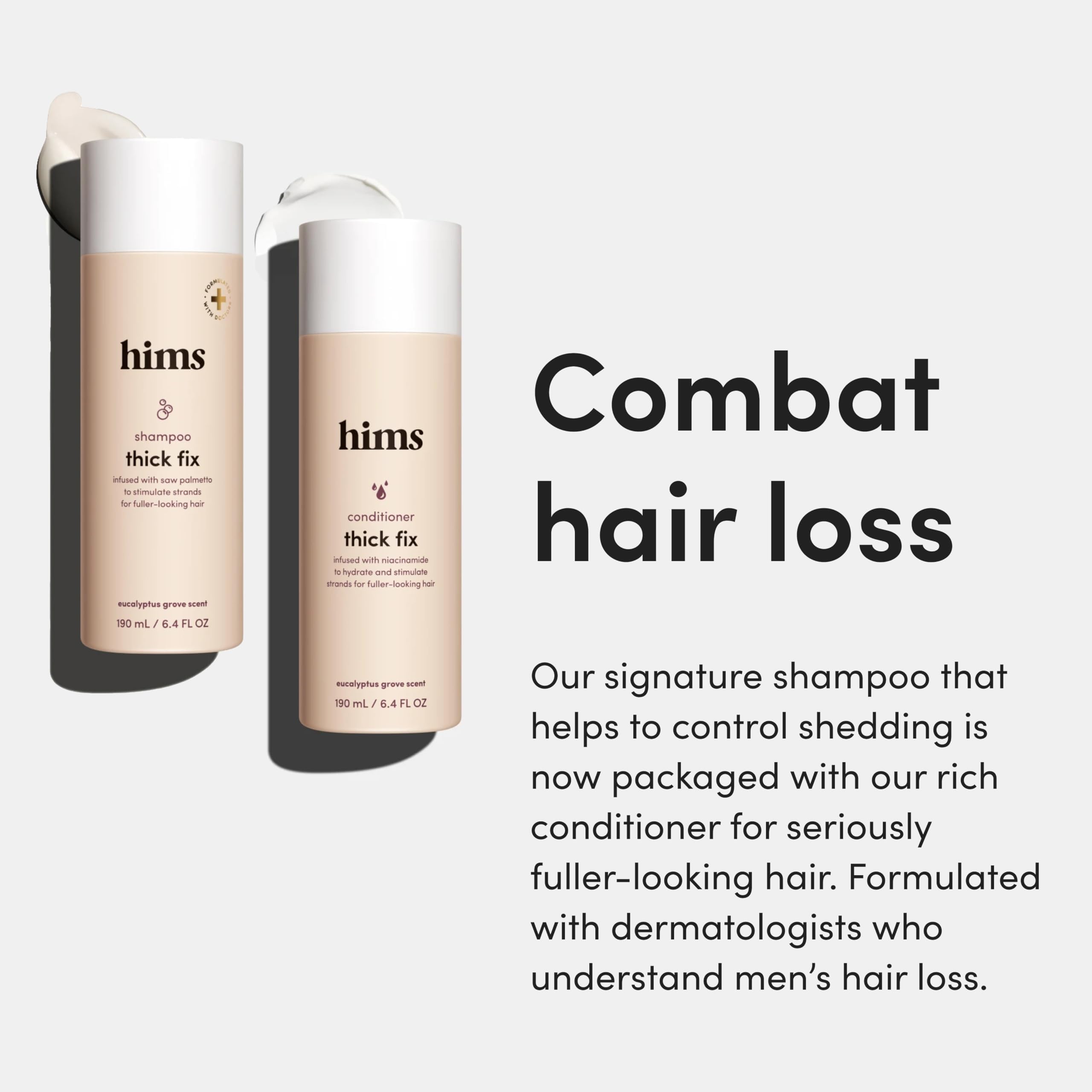 hims Thick Fix conditioner bottle closeup highlighting hair nourishment.