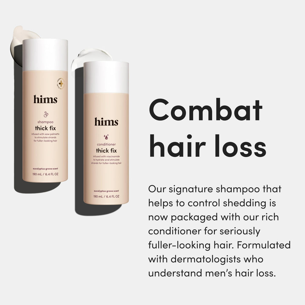 hims Thick Fix conditioner bottle closeup highlighting hair nourishment.