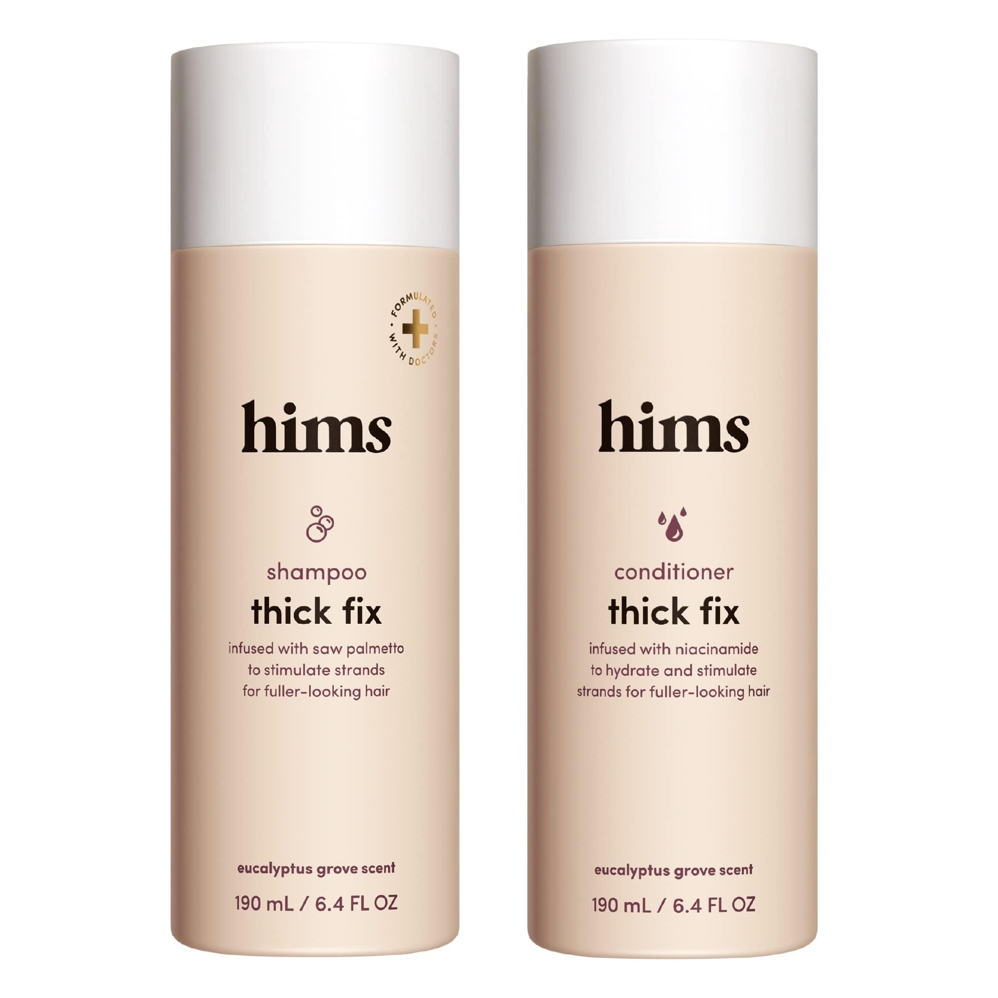 hims Thick Fix shampoo bottle closeup for refreshing scalp cleansing.