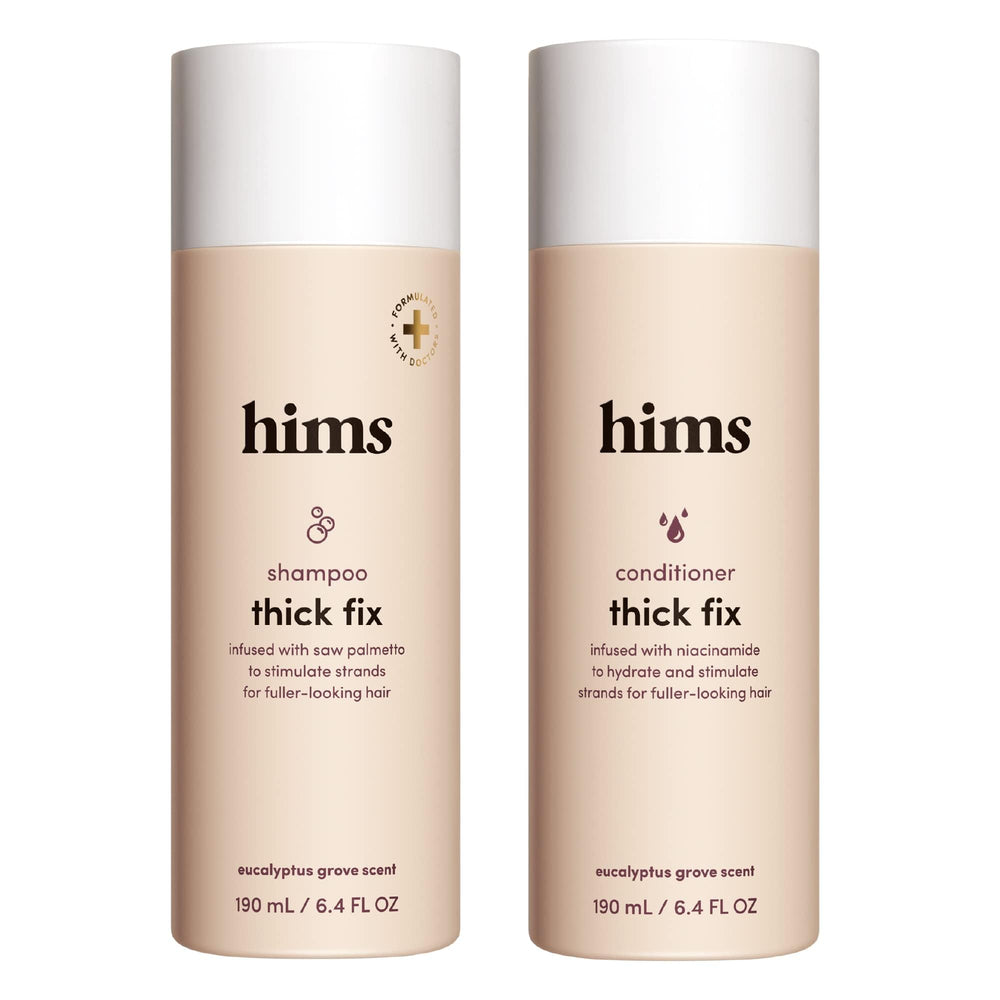 hims Thick Fix shampoo bottle closeup for refreshing scalp cleansing.