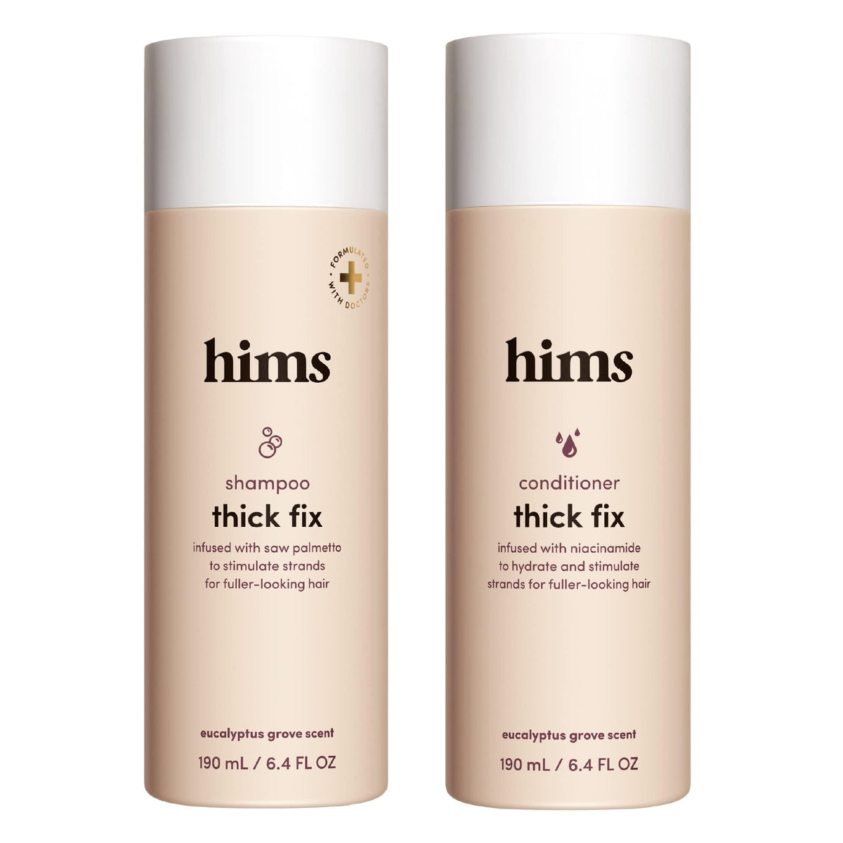 hims Thick Fix shampoo bottle closeup for refreshing scalp cleansing.
