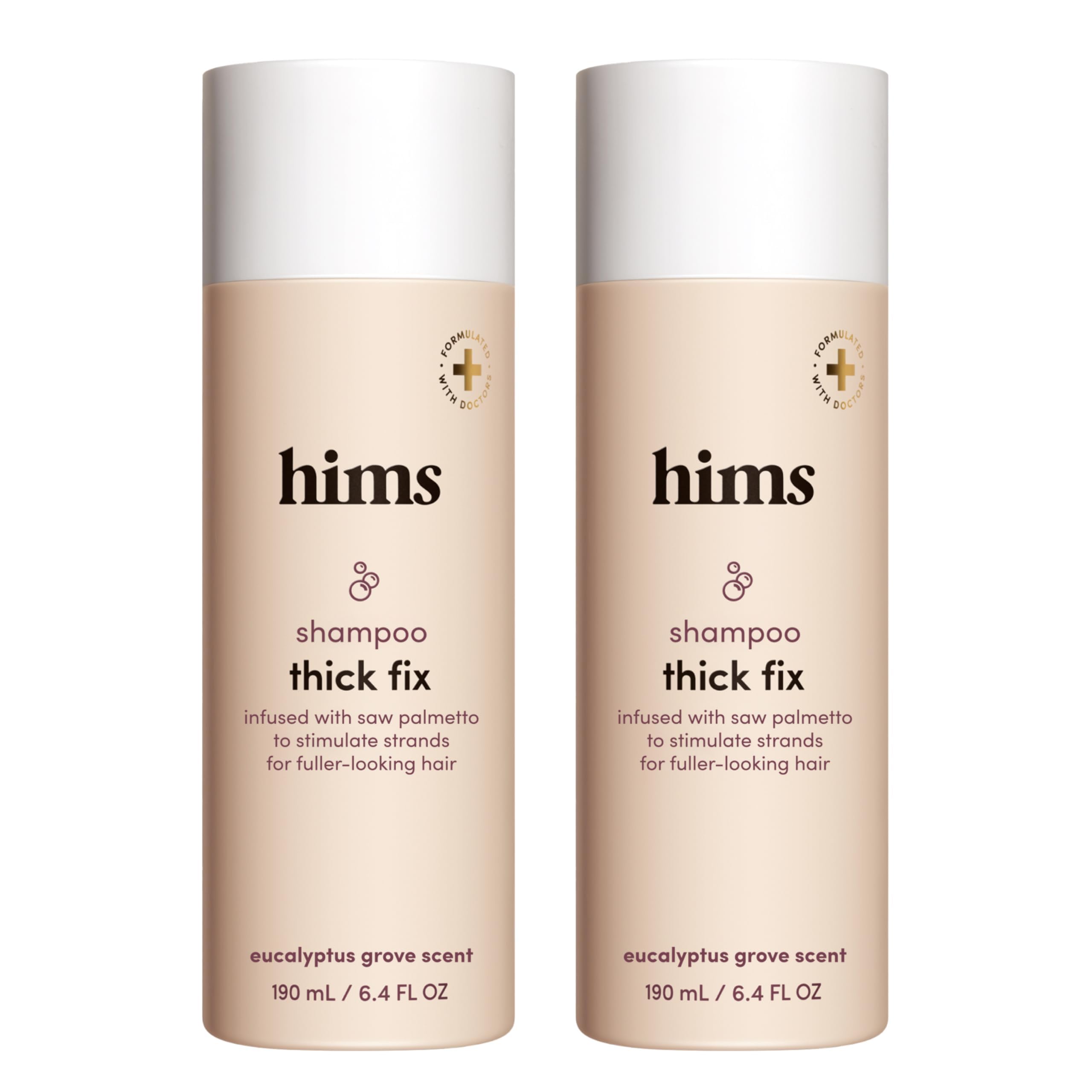 Hims Thick Fix Shampoo bottle front highlights saw palmetto for fuller-looking hair.