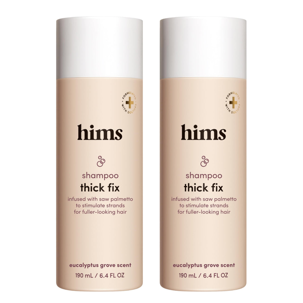 Hims Thick Fix Shampoo bottle front highlights saw palmetto for fuller-looking hair.