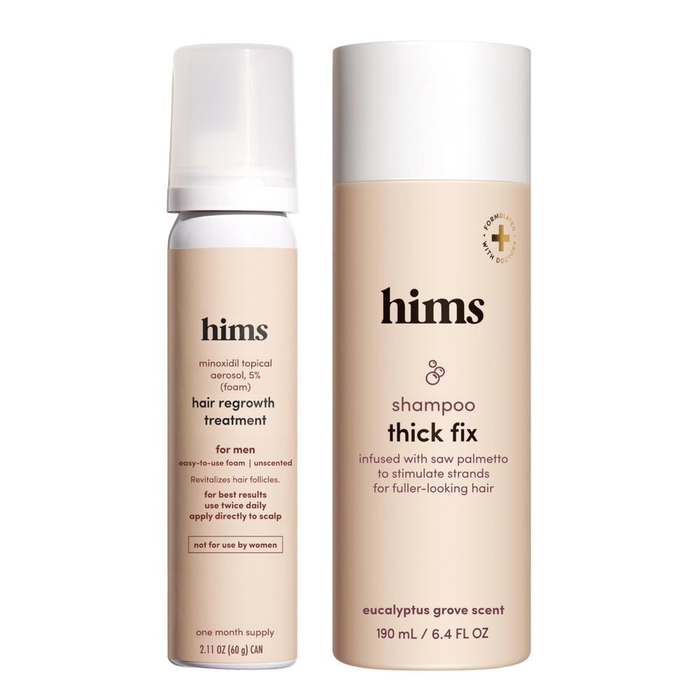 Hims Thick Fix Shampoo bottle enhances scalp nourishment for thicker-looking hair.