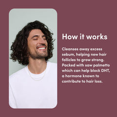 Hims Thick Fix Shampoo foam on hair shows nourishing lather and softness.
