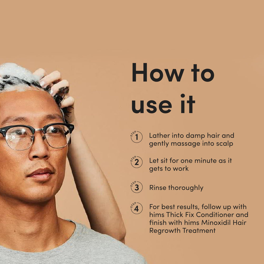Vegan cruelty-free icon emphasizes ethical, gentle care in Hims Thick Fix Shampoo.