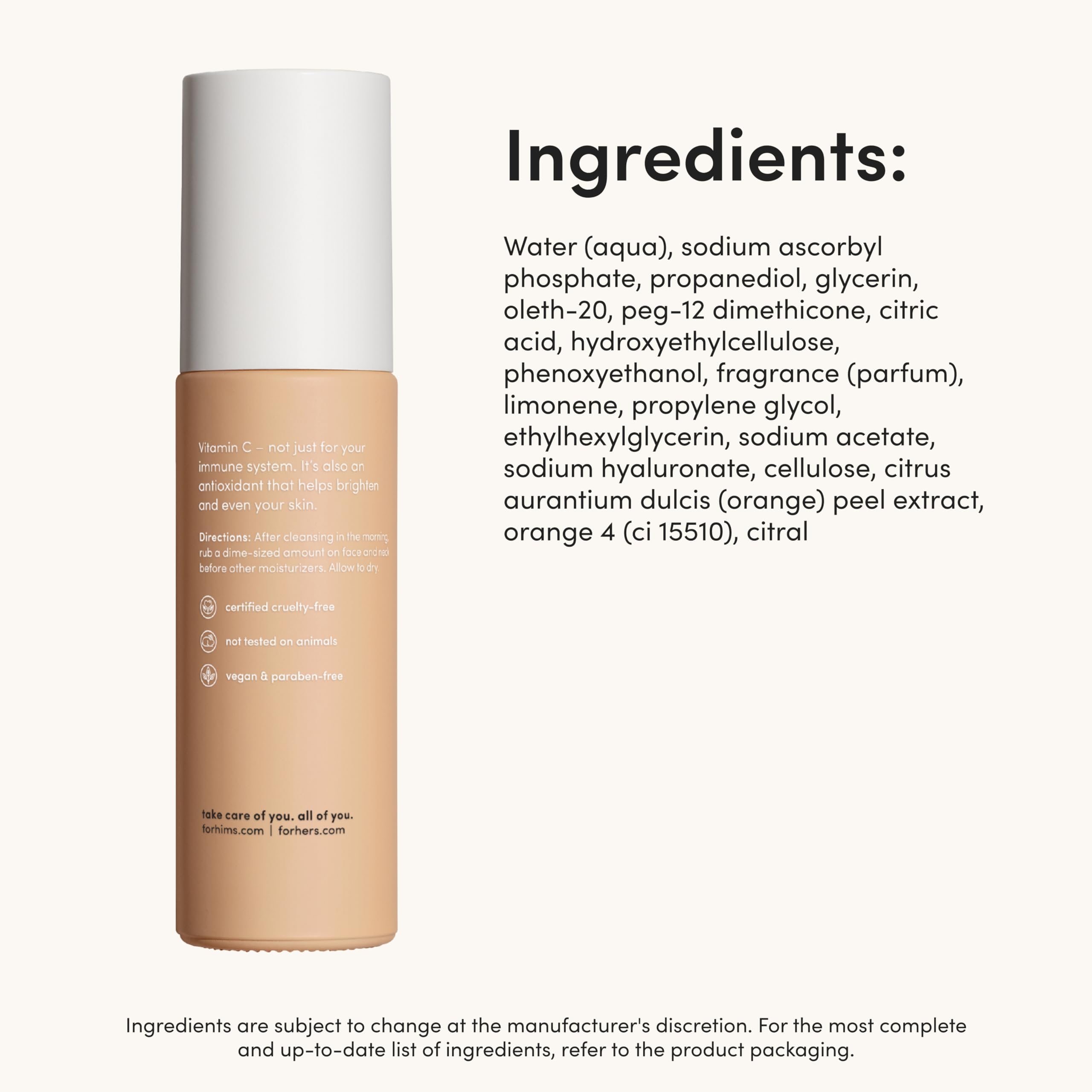 Vegan, paraben-free logo on hims Vitamin C Serum packaging