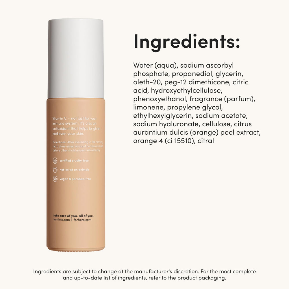 Vegan, paraben-free logo on hims Vitamin C Serum packaging