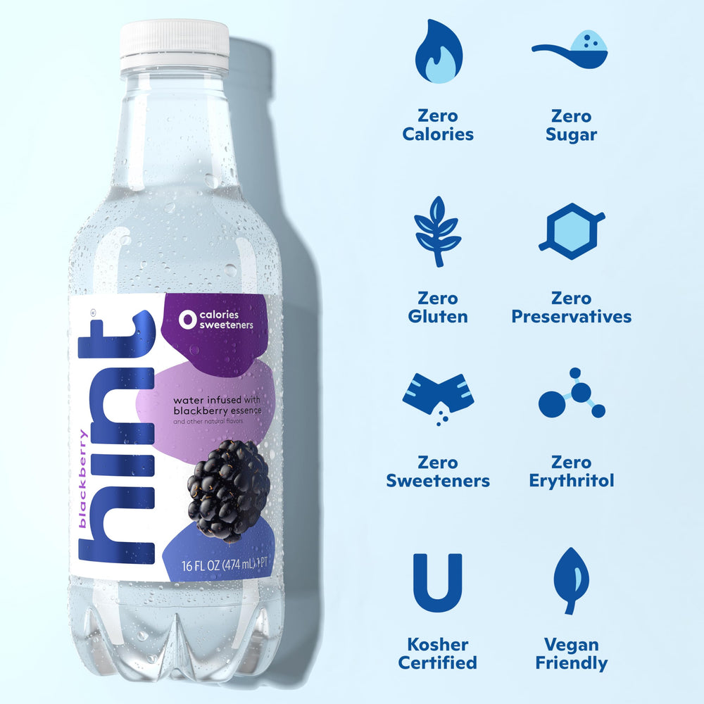 Close-up of Hint Blackberry label highlighting zero sugar.