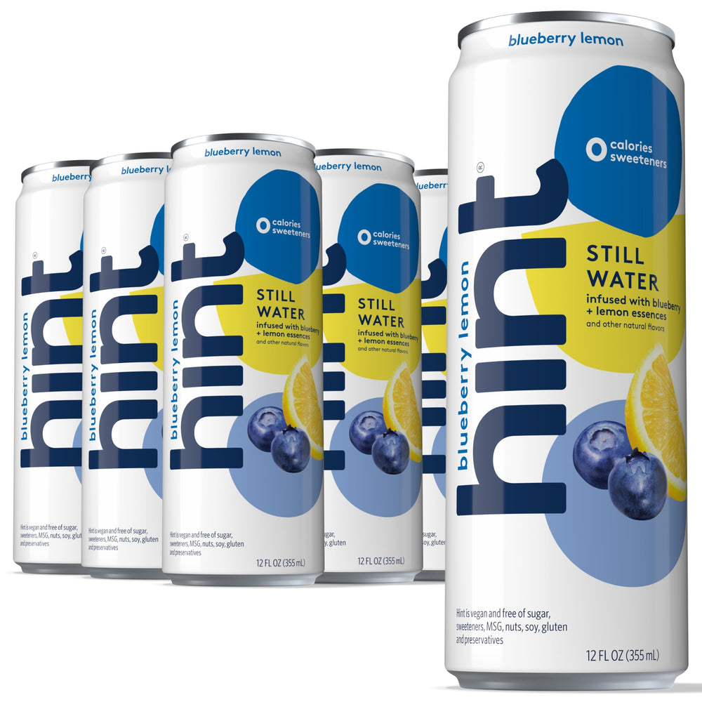 Hint Blueberry Lemon can front view showing portable zero-calorie hydration for on-the-go