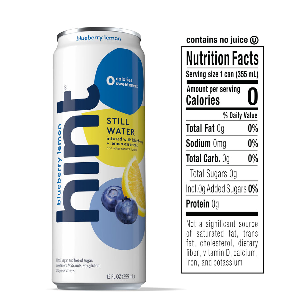 Hint Blueberry Lemon can side view highlighting compact can for travel and office hydration