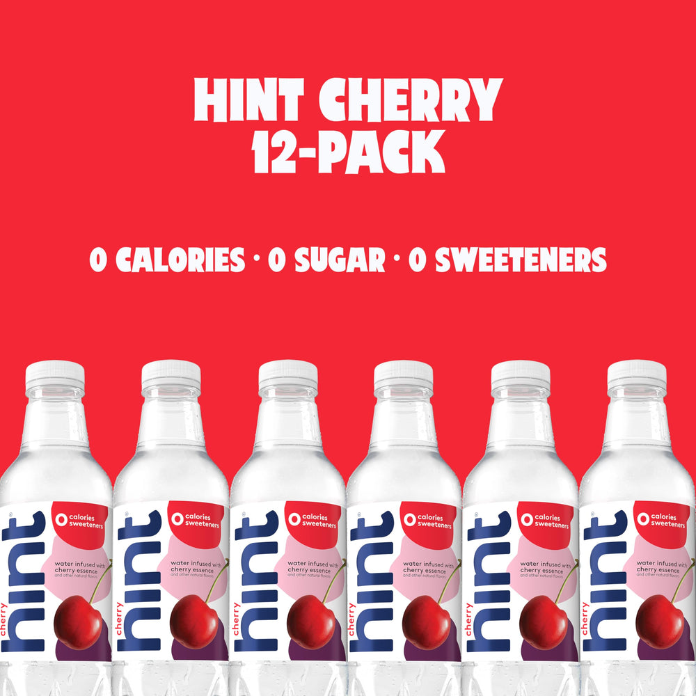Hint Cherry flavor icons highlight vegan, gluten-free, kosher features