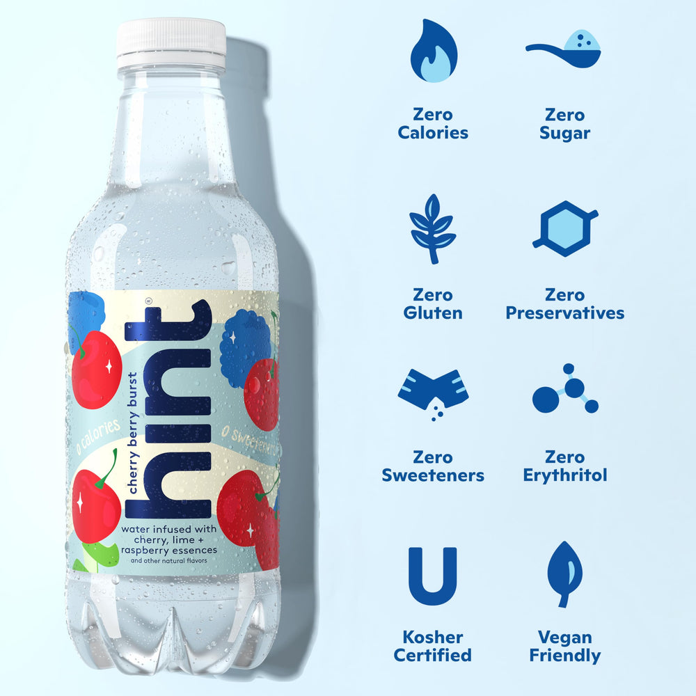 Hint fruit-infused water bottle closeup reveals real fruit essences for fresh flavor.