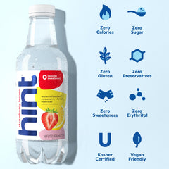 Hint four-flavor bottle close-up shows natural fruit essences for vivid hydration.