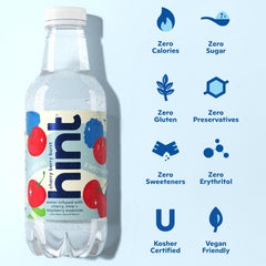 Hint fruit-infused water bottle closeup reveals real fruit essences for fresh flavor.