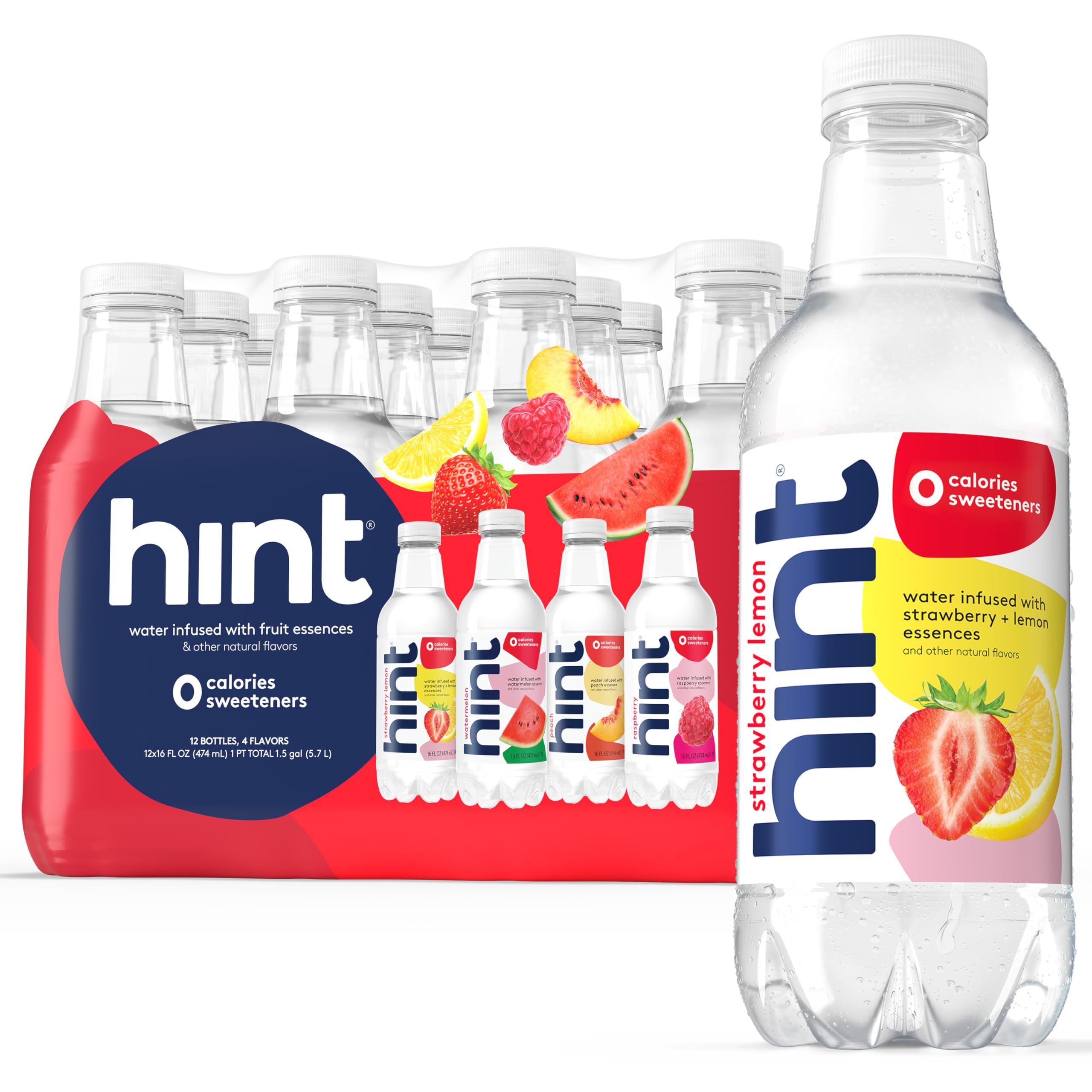 Hint fruit-infused water bottle being poured, highlighting zero calories and refreshing fruit flavor.