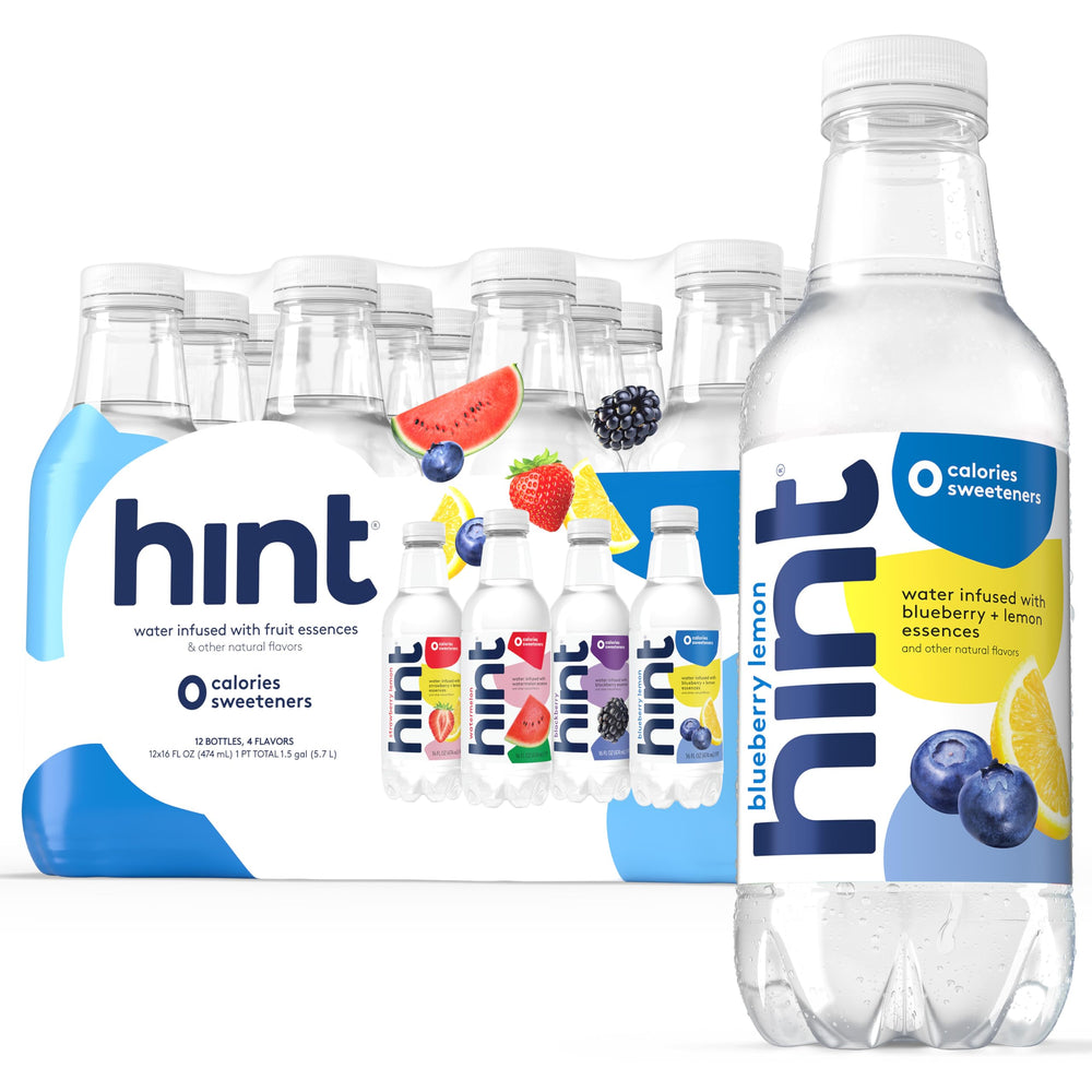 Hint fruit-infused water bottle with four flavors, refreshing zero-calorie hydration for daily routines.
