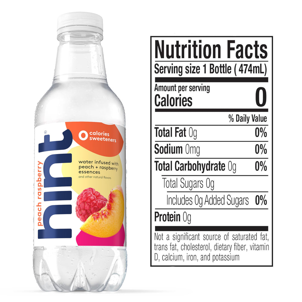 Hint label close-up shows real fruit essences for natural flavor.