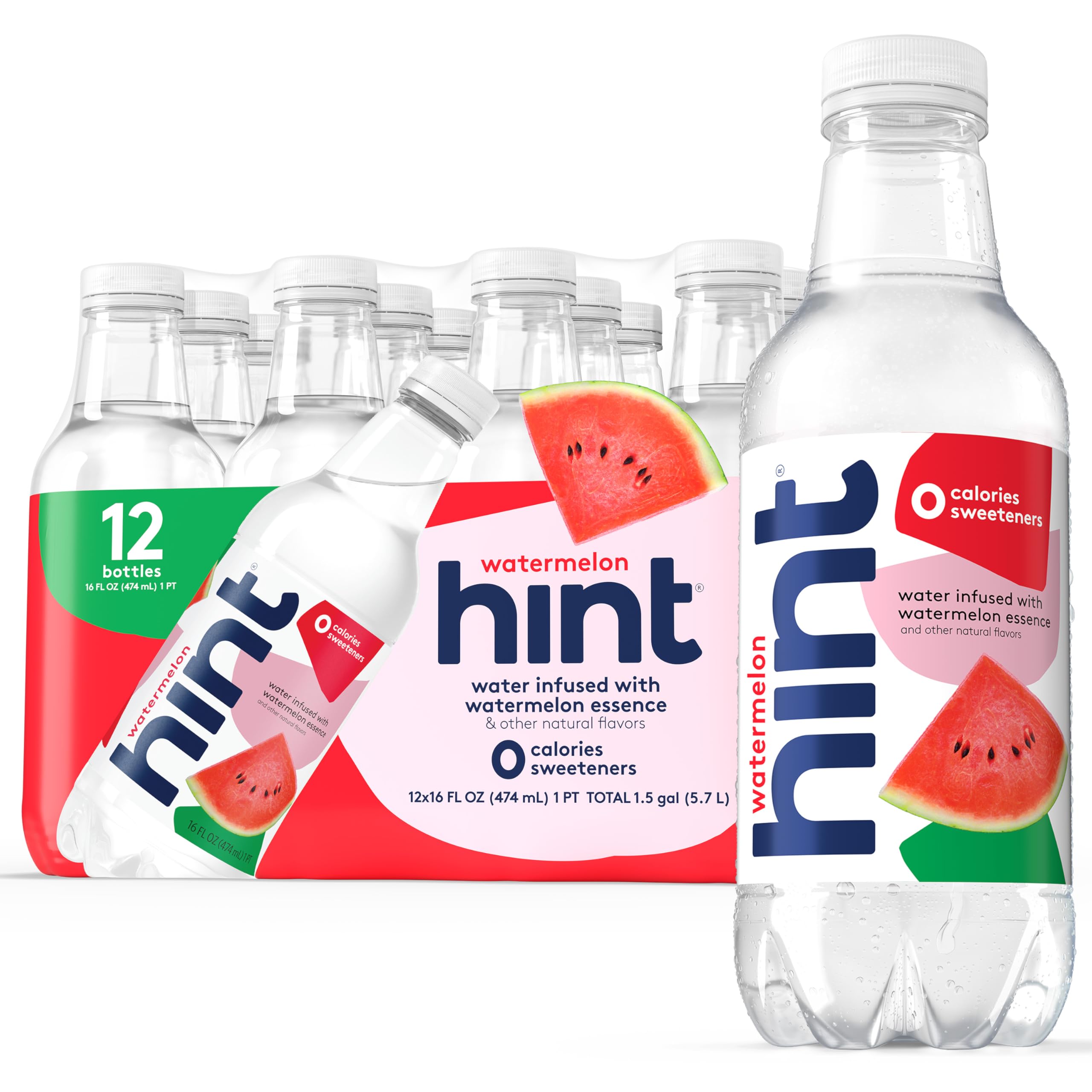 Hint Watermelon fruit-infused water bottle shows real fruit essence for refreshing hydration.