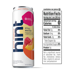 Hint Peach Raspberry can side view highlighting natural flavors for clean, sugar-free hydration.